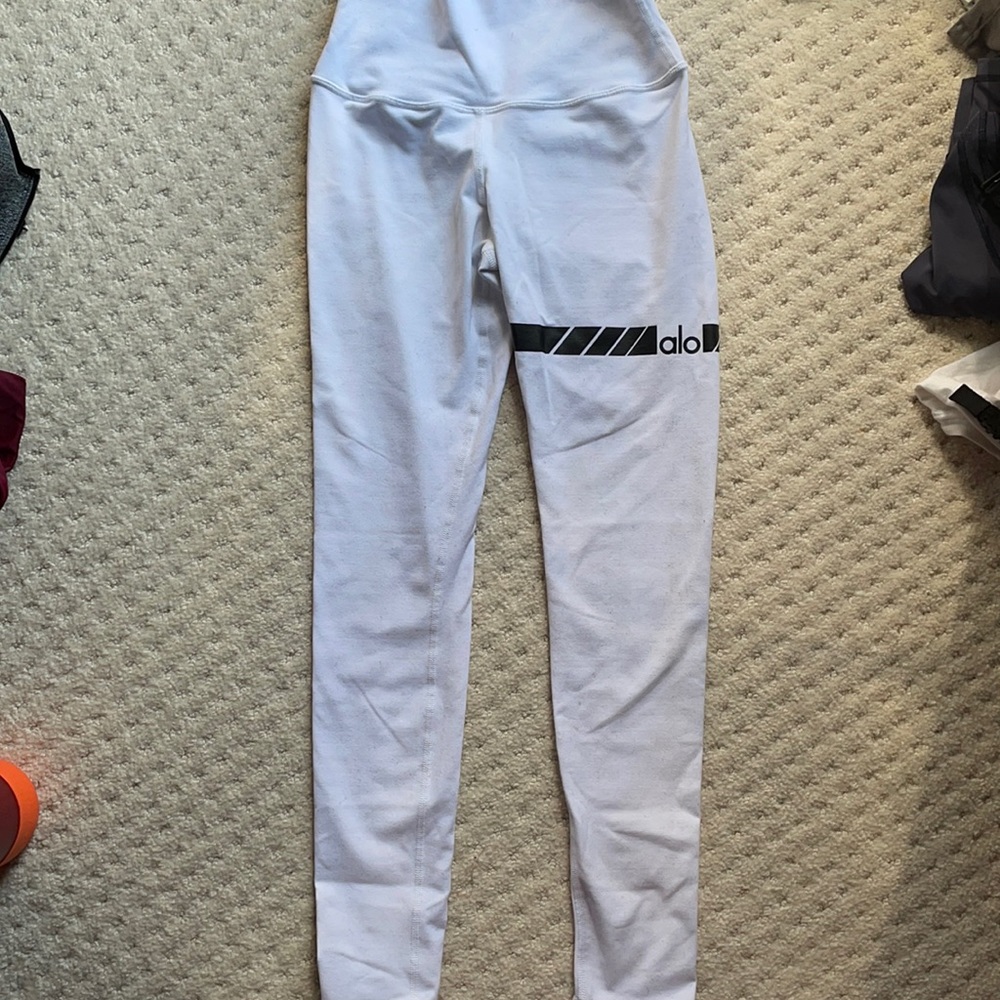 Alo yoga white leggings with black writing